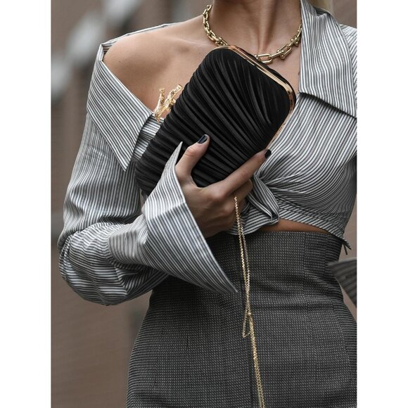 Women's Evening Formal Leather Shoulder Clutch Chain Strap Black Satin Bag - Picture 5 of 6